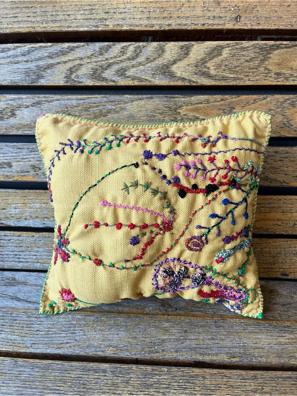 Handmade Embroidered Pillow 12x12x3 Colorful Folk Art Decorative Throw Pillow